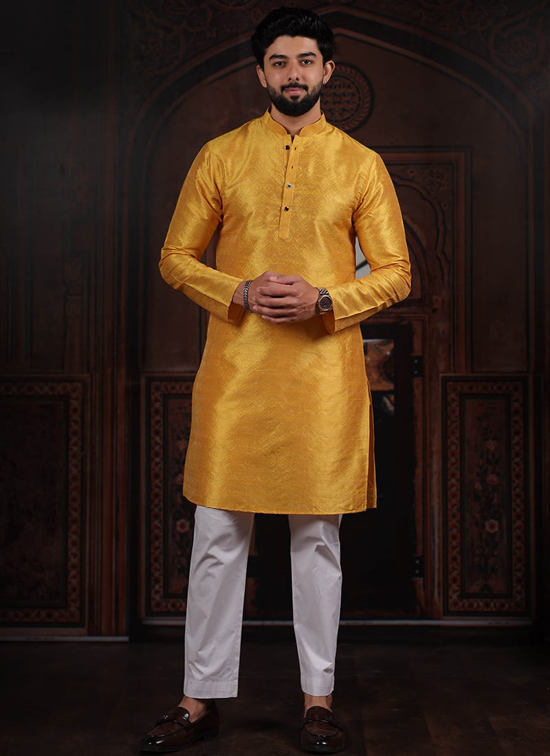 Elegant Yellow Silk Woven Designer Kurta Pyjama Festive Wear