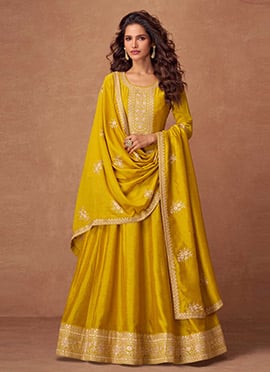Elegant Yellow Silk Zari Embroidered Sequins A Line Anarkali Suit
