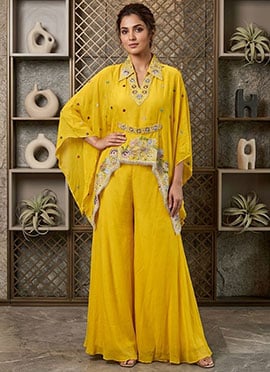 Elegant Yellow Viscose Chinon Embroidery Work Indowestern Set and Suit