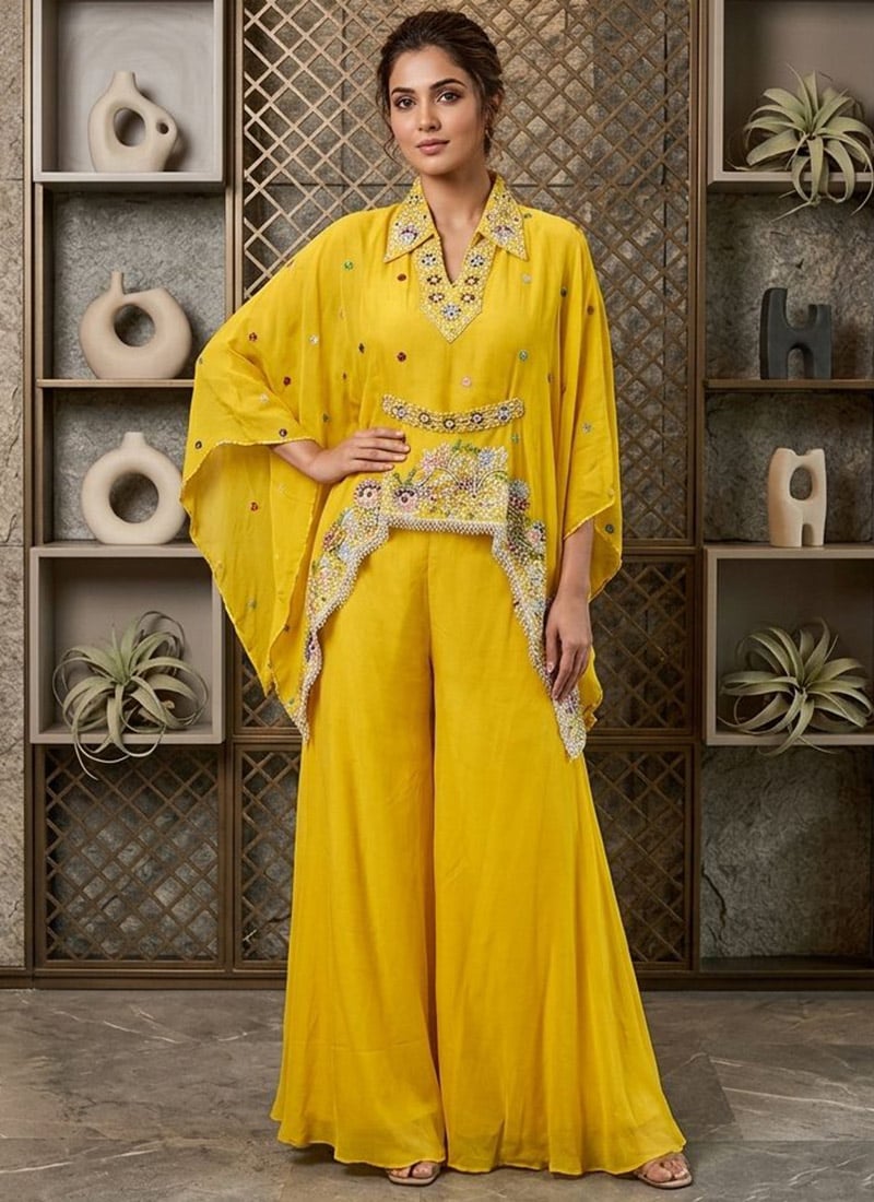 Elegant Yellow Viscose Chinon Embroidery Work Indowestern Set and Suit After Six Wear