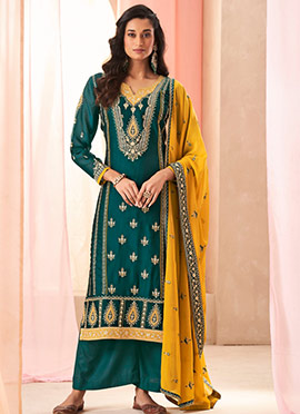 Elegantly Embroidered Sequins Art Silk Palazzo Suit