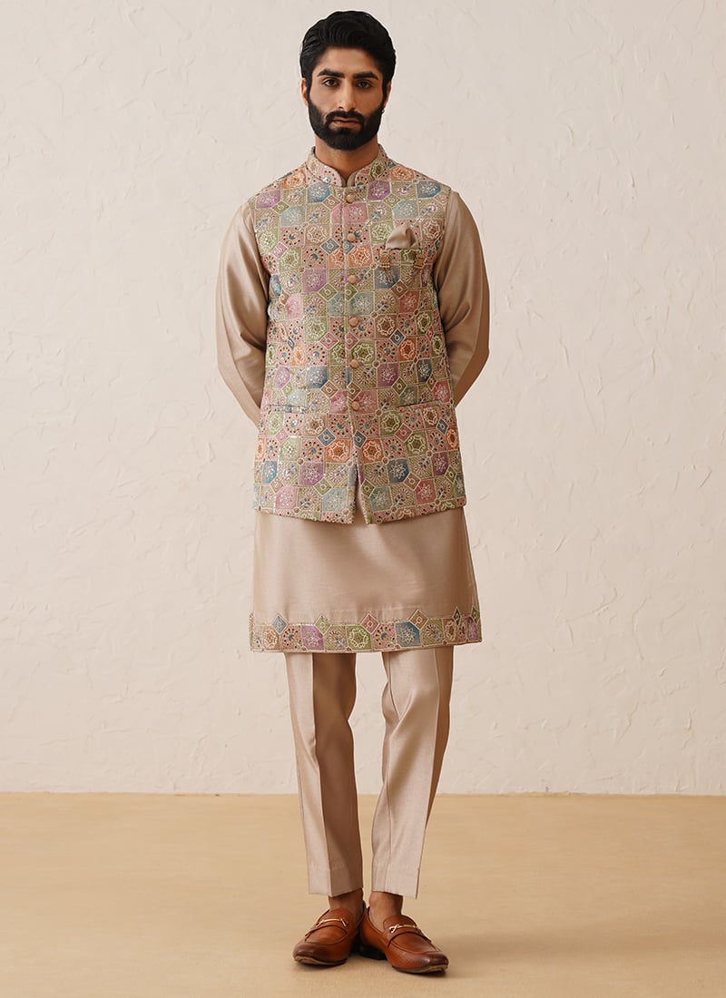 Elegantly Hand Embroidered Beige Silk Sequins Bandi Set Wedding Wear