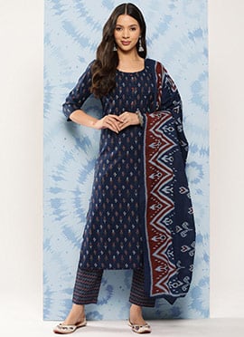 Elegantly Printed Cotton Blue Straight Pant Suit
