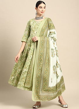 Elegantly Printed Cotton Green Straight Pant Suit