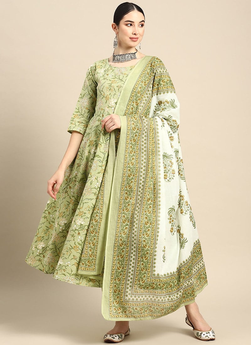 Elegantly Printed Cotton Green Straight Pant Suit After Six Wear