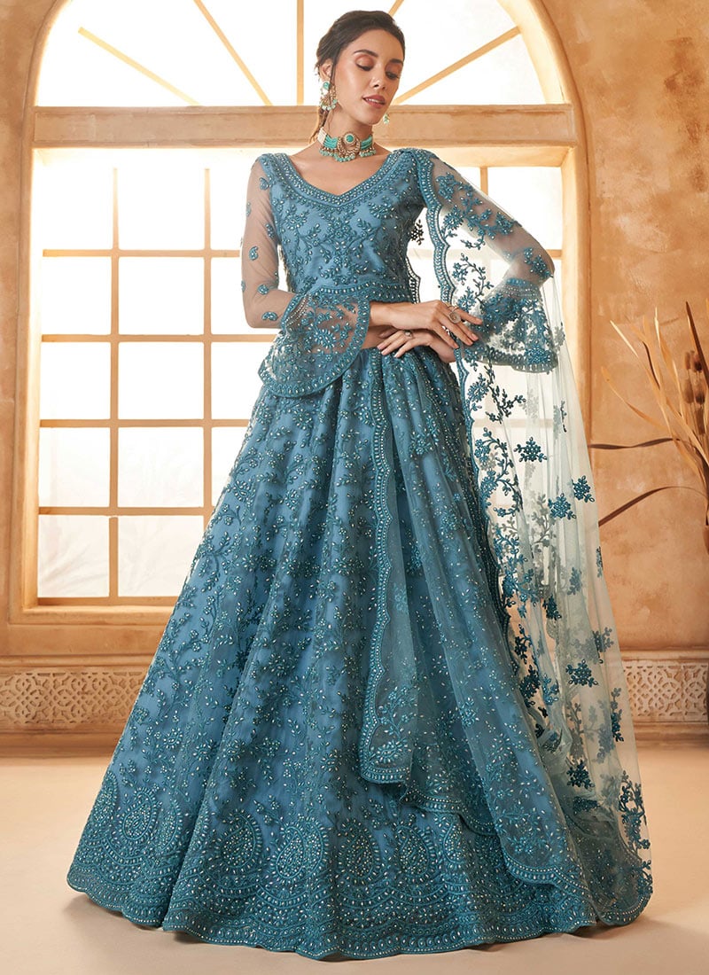 Elevate Your Style With Blue Net Embroidered Stone Work Lehenga Wedding Wear