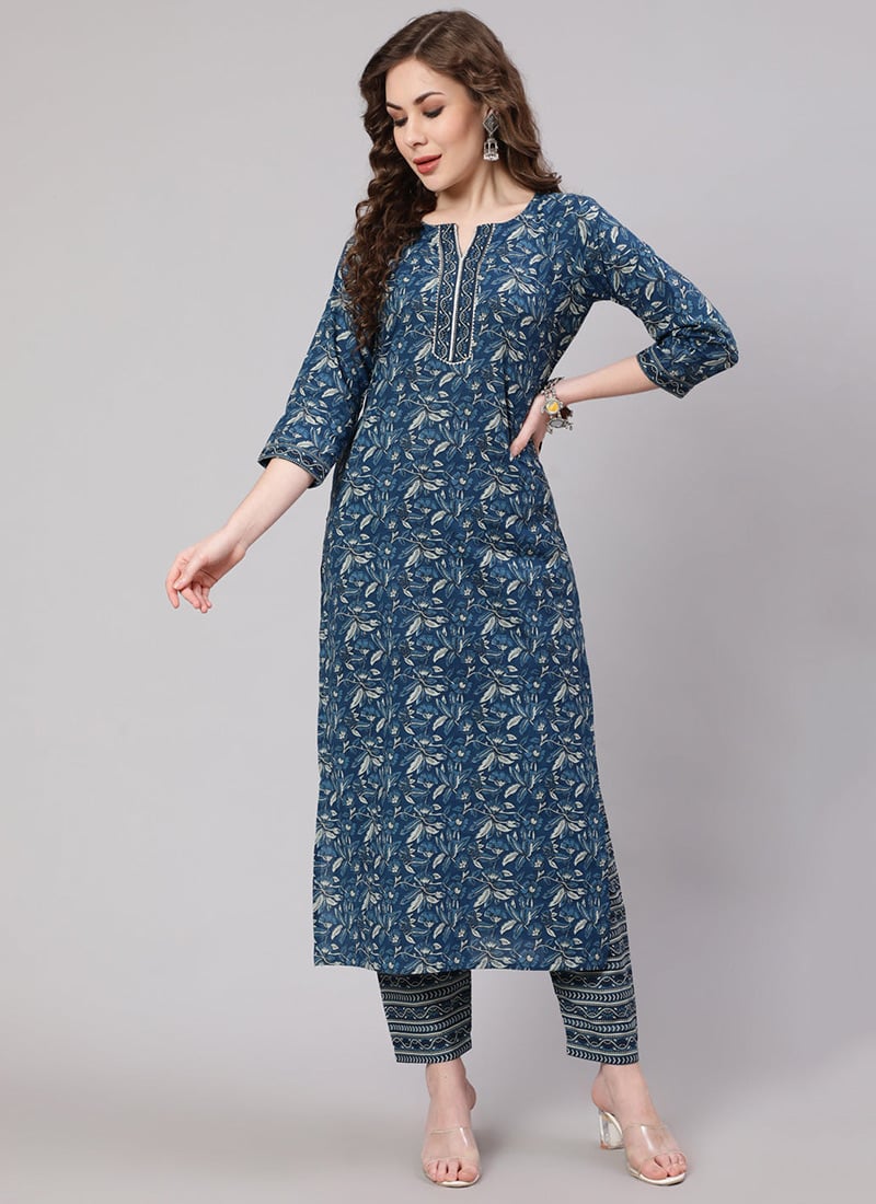 Elgantly Printed Blue Cotton Kurta Straight Pant Set