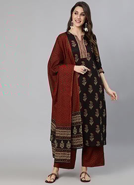Elgantly Printed Cotton Black Palazzo Suit