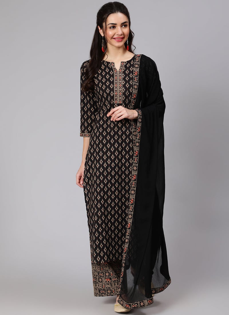 Elgantly Printed Cotton Black Palazzo Suit After Six Wear