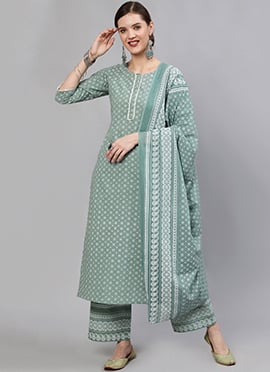 Elgantly Printed Cotton Green Palazzo Suit