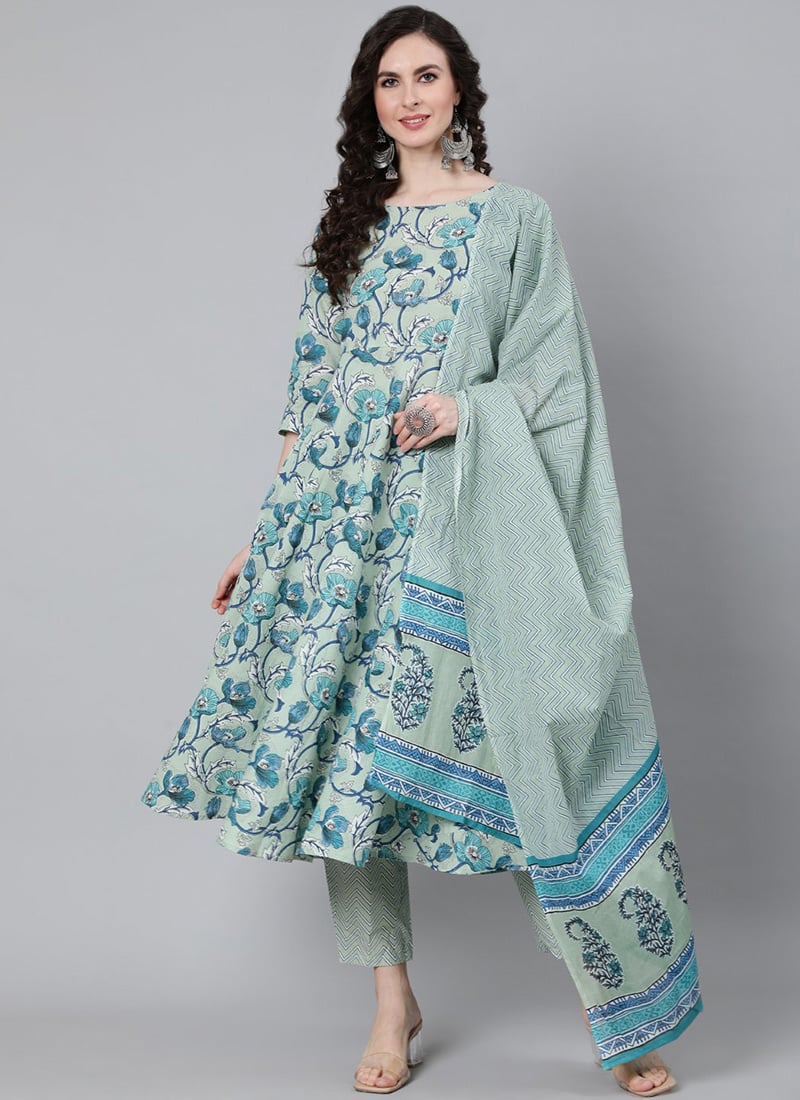 Elgantly Printed Cotton Green Straight Pant Suit After Six Wear