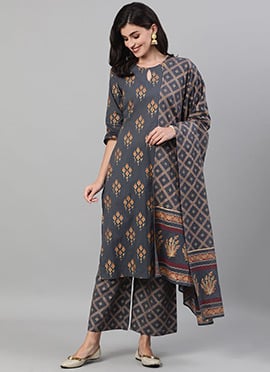 Elgantly Printed Cotton Grey Palazzo Suit