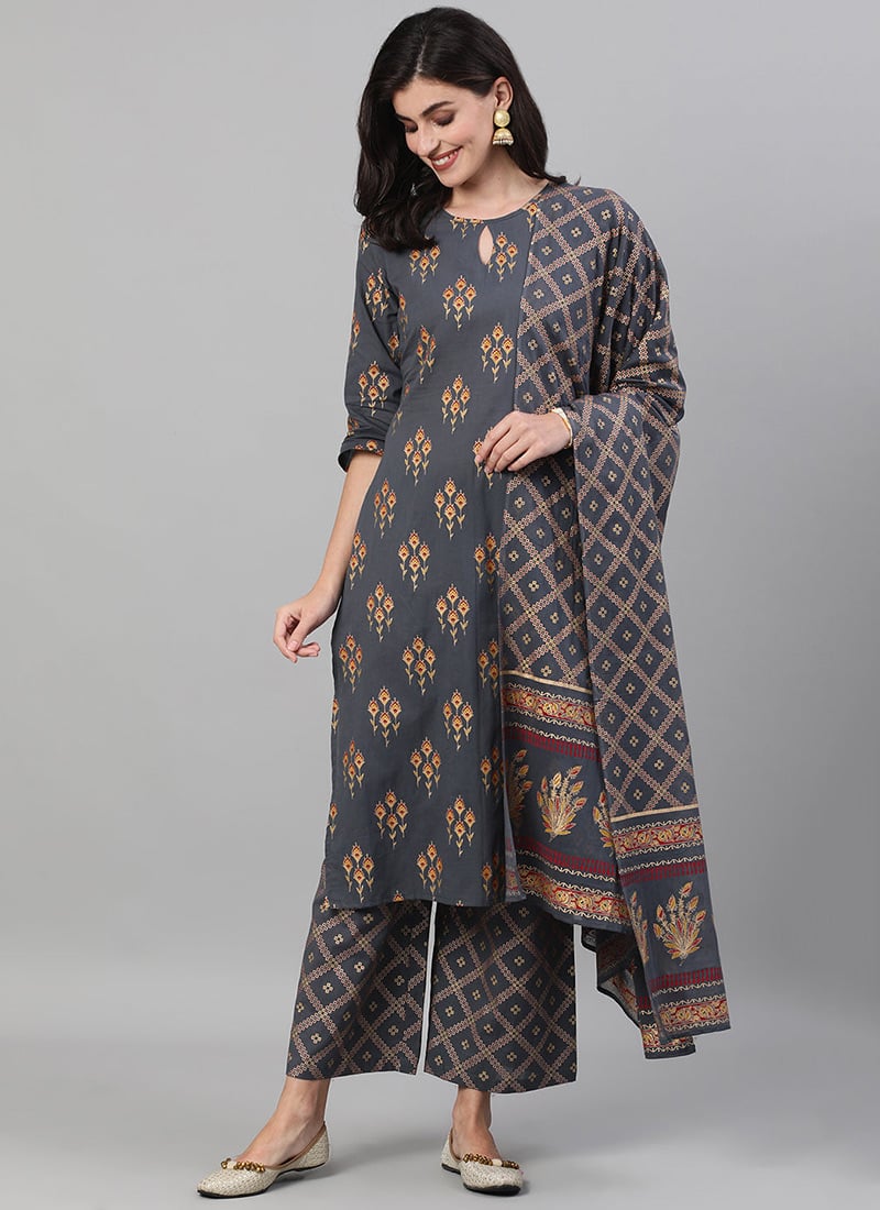 Elgantly Printed Cotton Grey Palazzo Suit After Six Wear