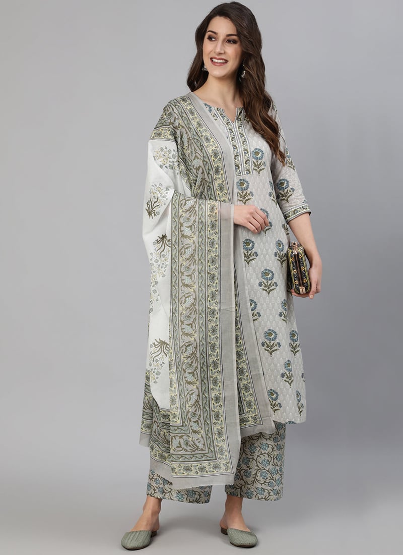 Elgantly Printed Cotton Grey Palazzo Suit After Six Wear