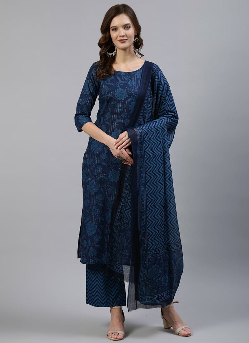 Elgantly Printed Cotton Indigo Straight Pant Suit After Six Wear
