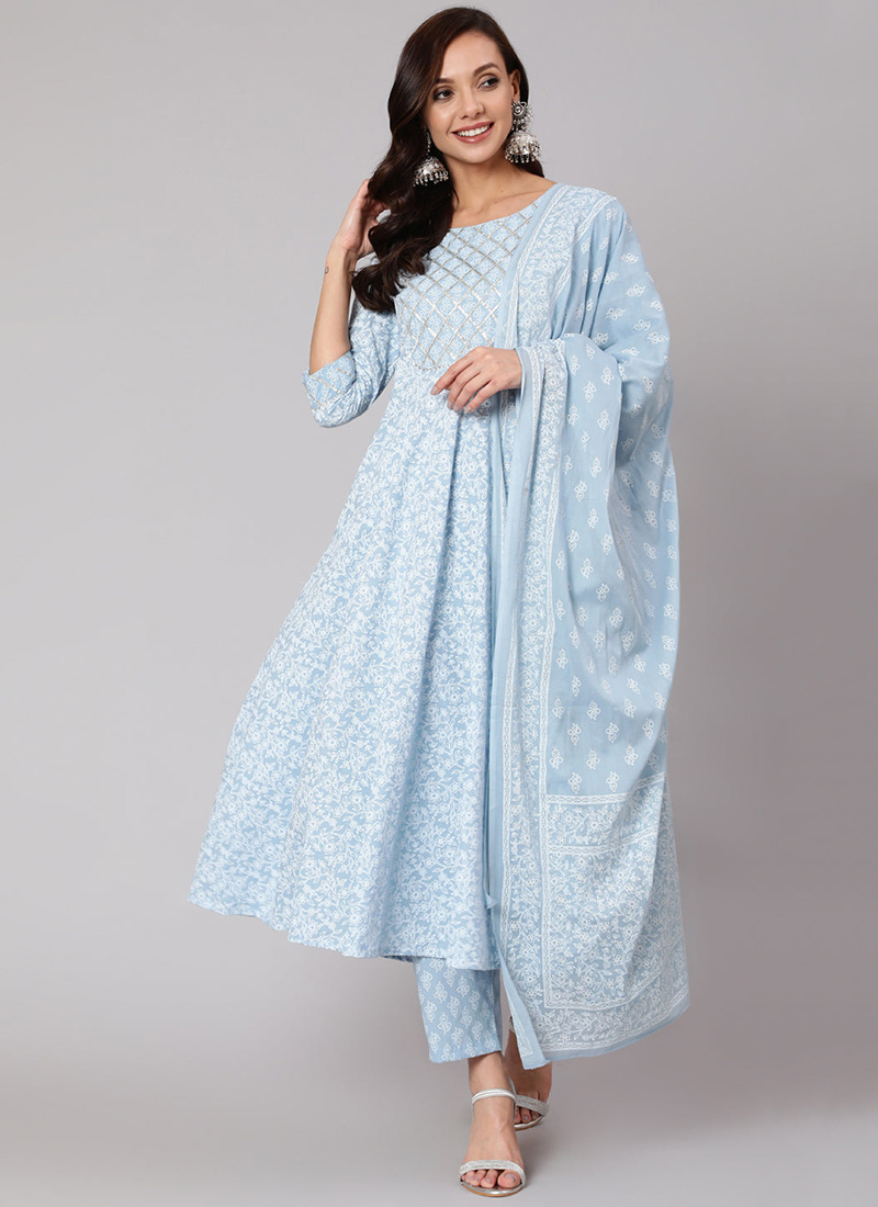 Elgantly Printed Cotton Light Blue Straight Pant Suit After Six Wear