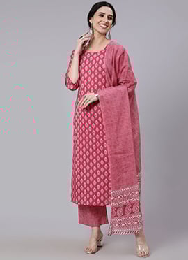 Elgantly Printed Cotton Pink Palazzo Suit