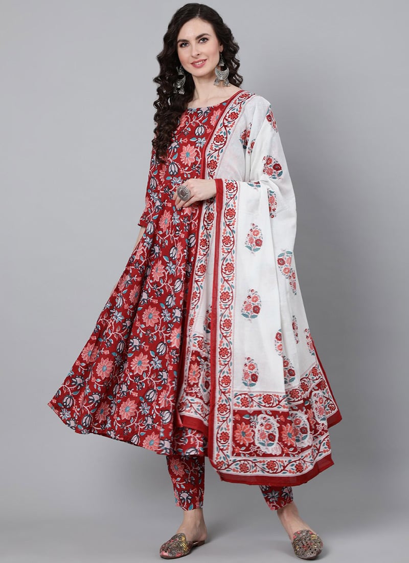 Elgantly Printed Cotton Red Straight Pant Suit After Six Wear