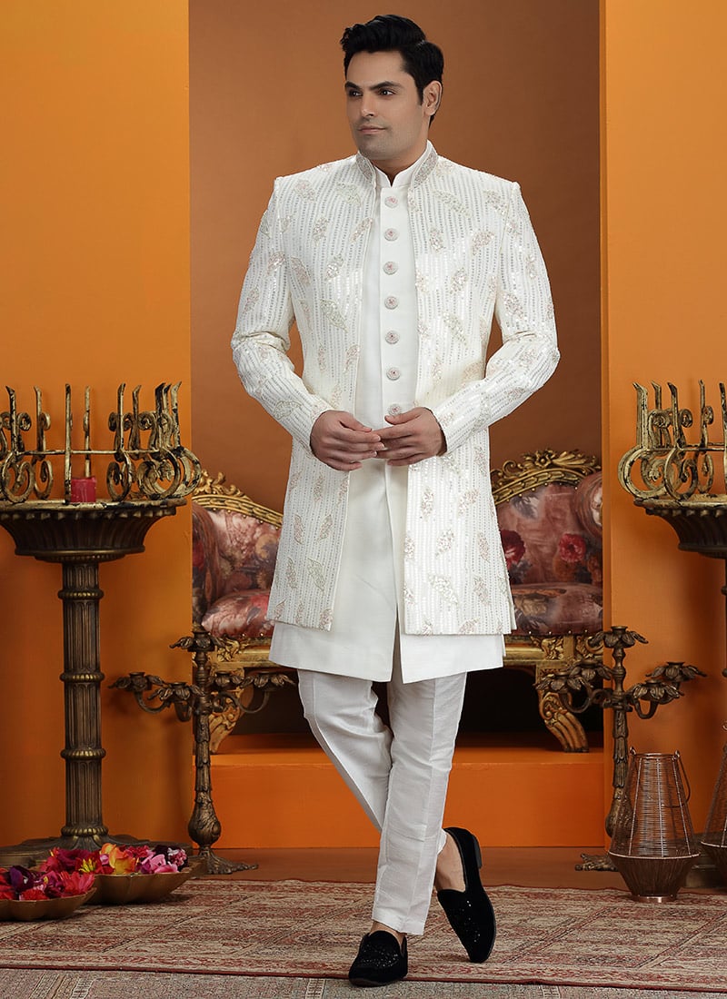 Elite Cream Silk Sequins Embroidered Thread Indowestern Sherwani Wedding Wear