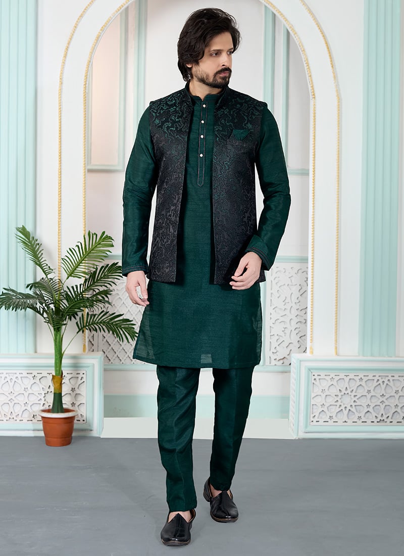 Elite Green Silk Jacquard Bandi Set Festive Wear