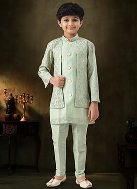 Elite Pista Green Malai Silk Zari Stone Work Kids Boys Indowestern Sherwani