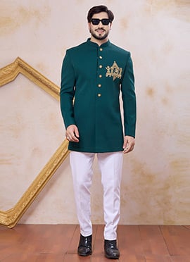 Elite Teal Green Beads Stone Zardosi Hand Work Indowestern Sherwani