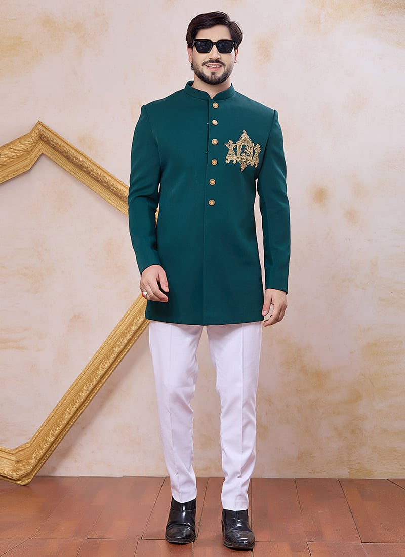 Elite Teal Green Beads Stone Zardosi Hand Work Indowestern Sherwani Wedding Wear