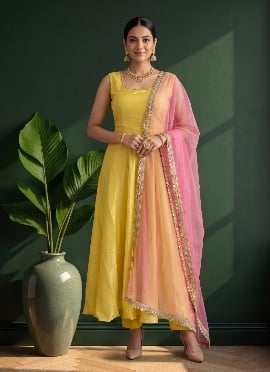 ellow Sequins Embroidered Silk Straight Pant Suit