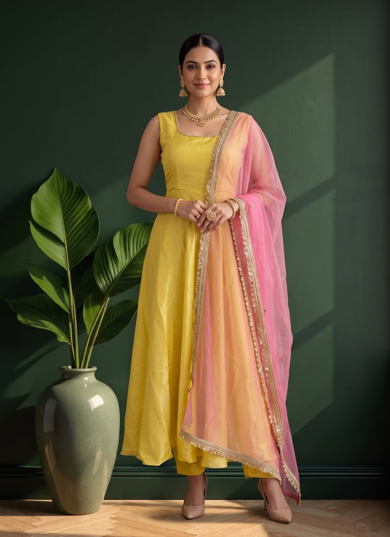 ellow Sequins Embroidered Silk Straight Pant Suit After Six Wear