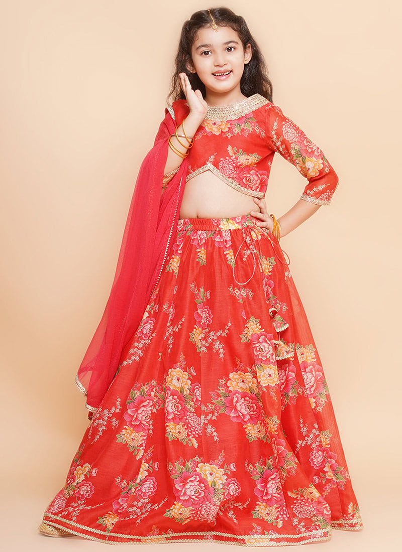 Embellished Silk Printed Kids Girls Umbrella Lehenga Festive Wear