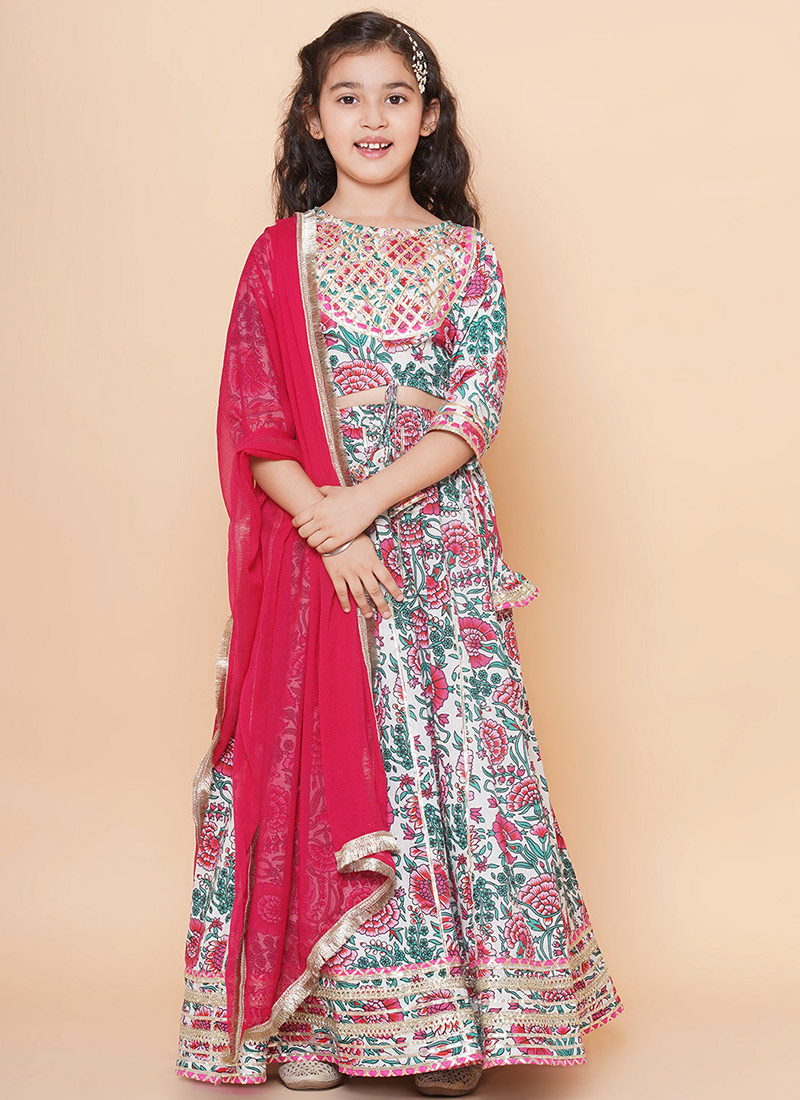 Embossed Blended Cotton Printed Kids Girls Umbrella Lehenga Festive Wear