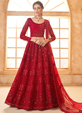 Embrace Luxury In Red Net Embroidered Stone Work Lehenga