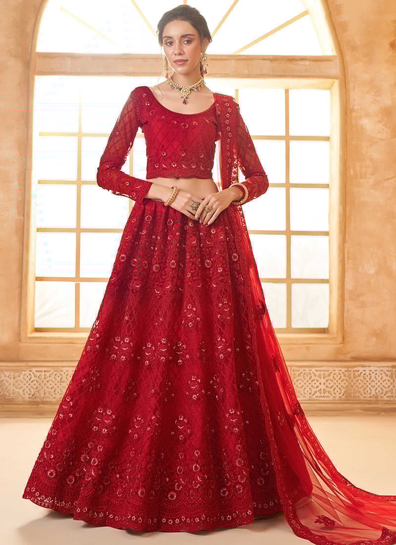 Embrace Luxury In Red Net Embroidered Stone Work Lehenga Wedding Wear