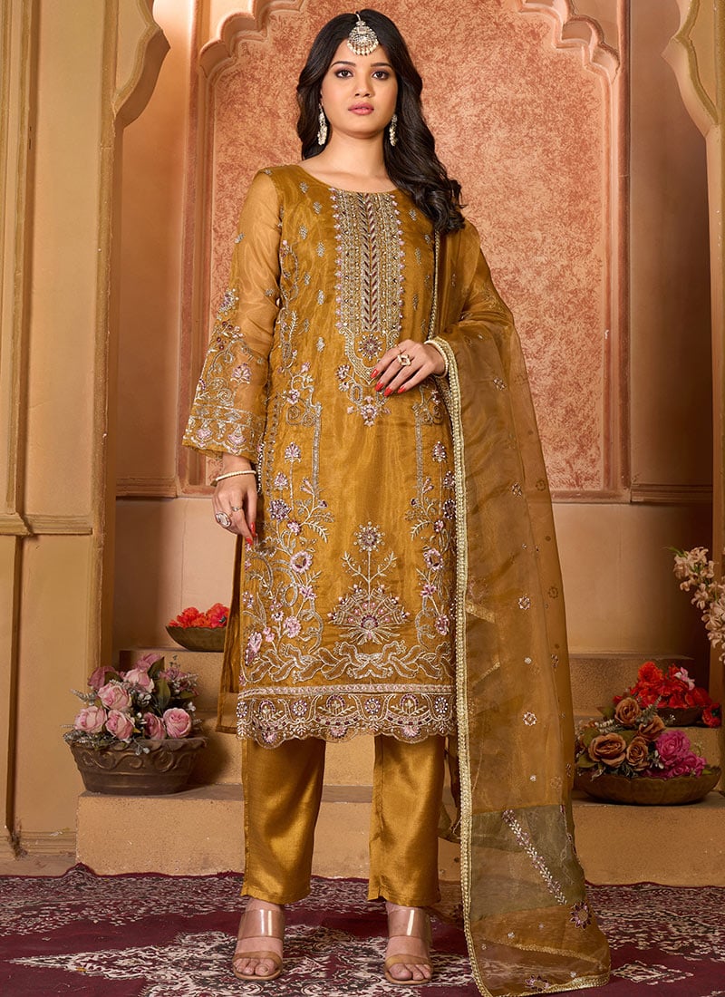 Embroidered Beads Dark Mustard Organza Pakistani Suit Party Wear