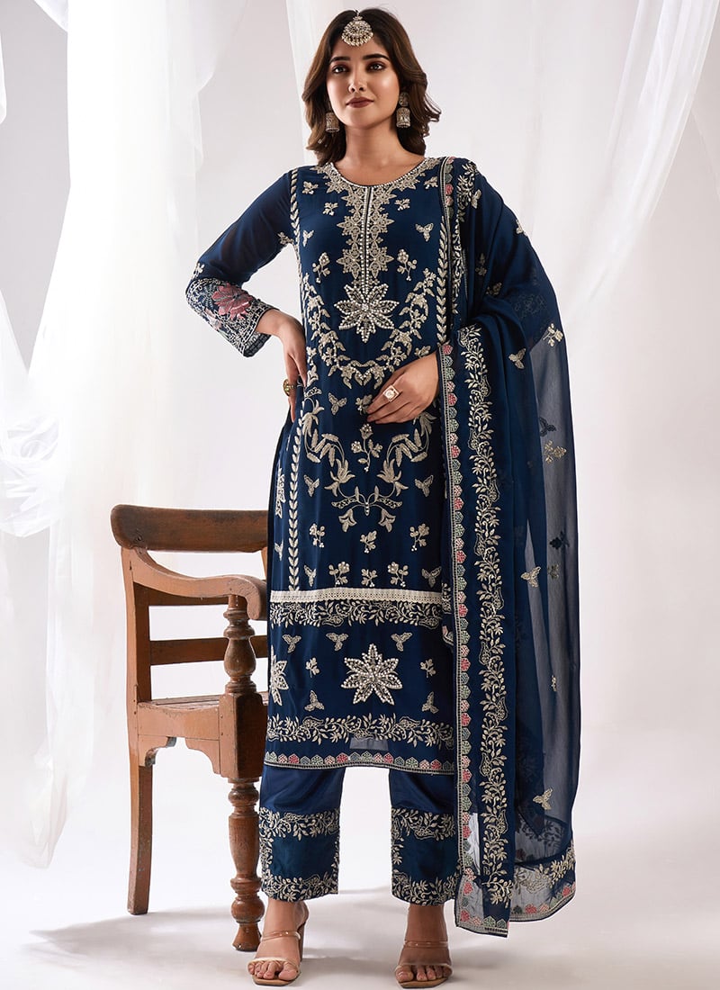 Embroidered Beads Dark Teal Pakistani Suit Party Wear