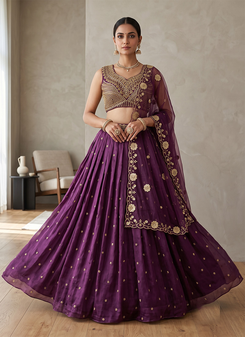 Embroidered Beads Work Chinon Lehenga In Purple After Six Wear