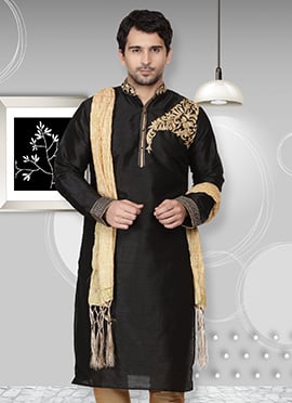 Embroidered Black Dupion Silk Kurta