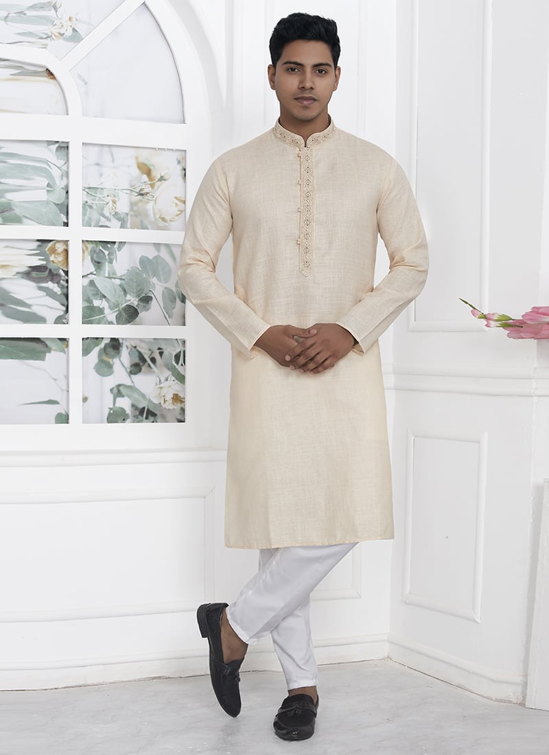 Embroidered Collar Neck Beige Kurta Pyjama  Party Wear