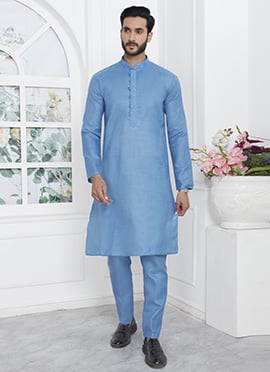 Embroidered Collar Neck Blue Kurta Pyjama