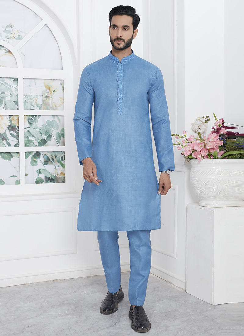 Embroidered Collar Neck Blue Kurta Pyjama  Party Wear