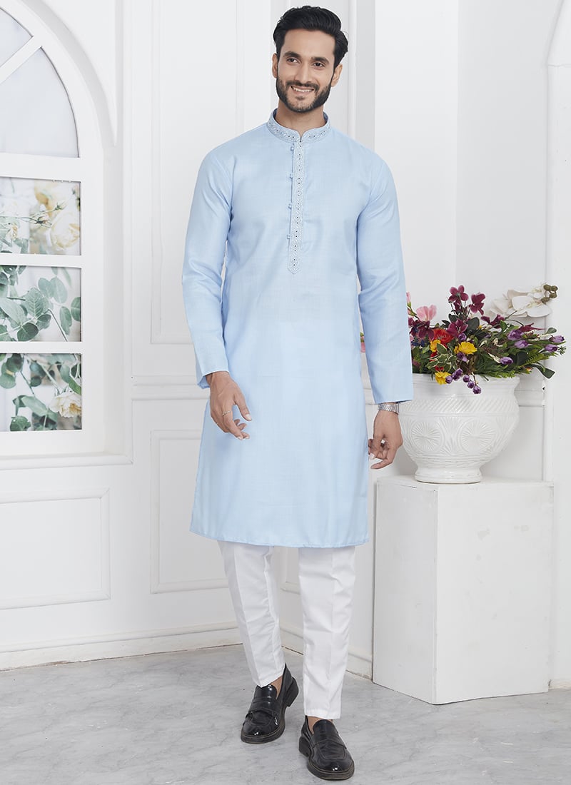 Embroidered Collar Neck Blue Kurta Pyjama  Party Wear