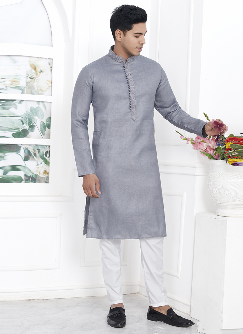Embroidered Collar Neck Grey Kurta Pyjama  Party Wear
