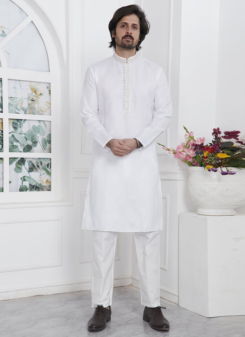 Embroidered Collar Neck Off White Kurta Pyjama  Party Wear