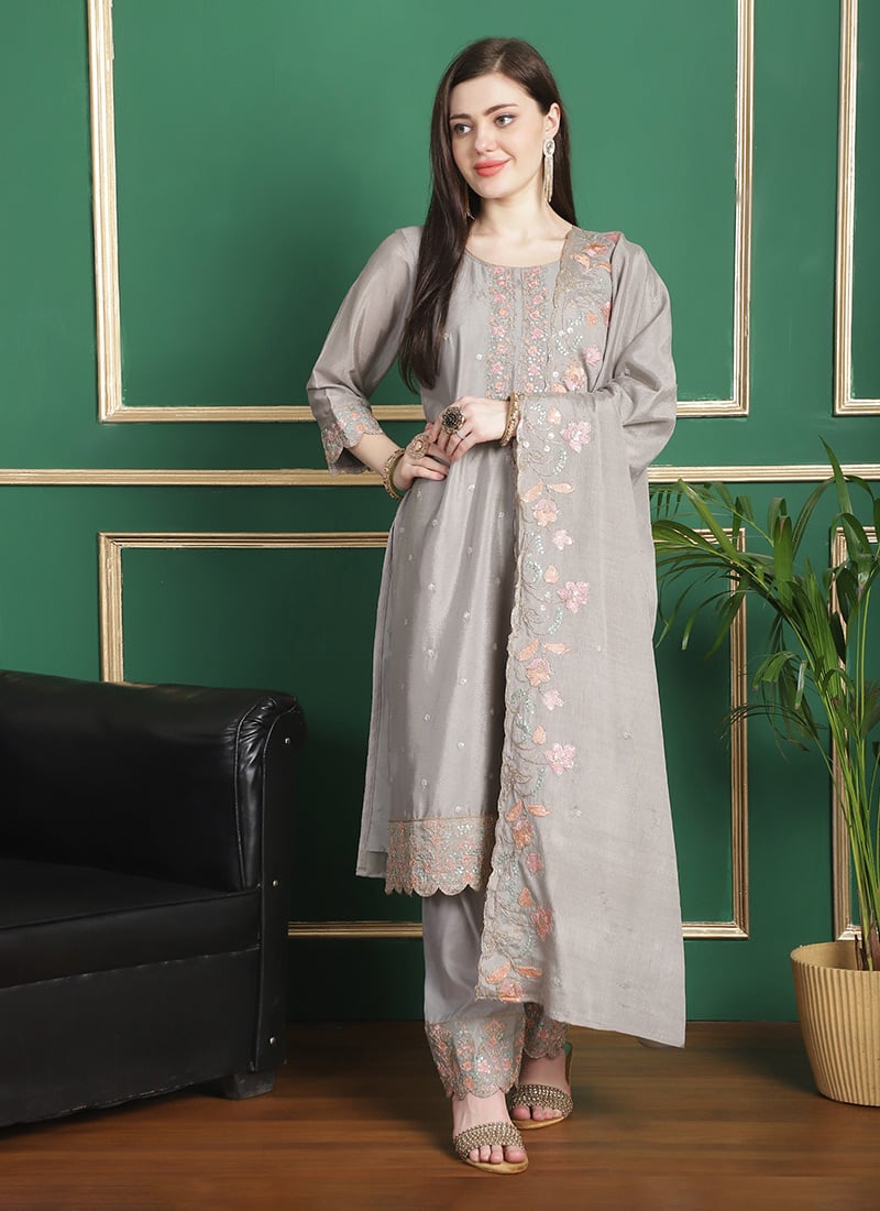 Embroidered Cord Work GreyStraight Pant Suit Party Wear