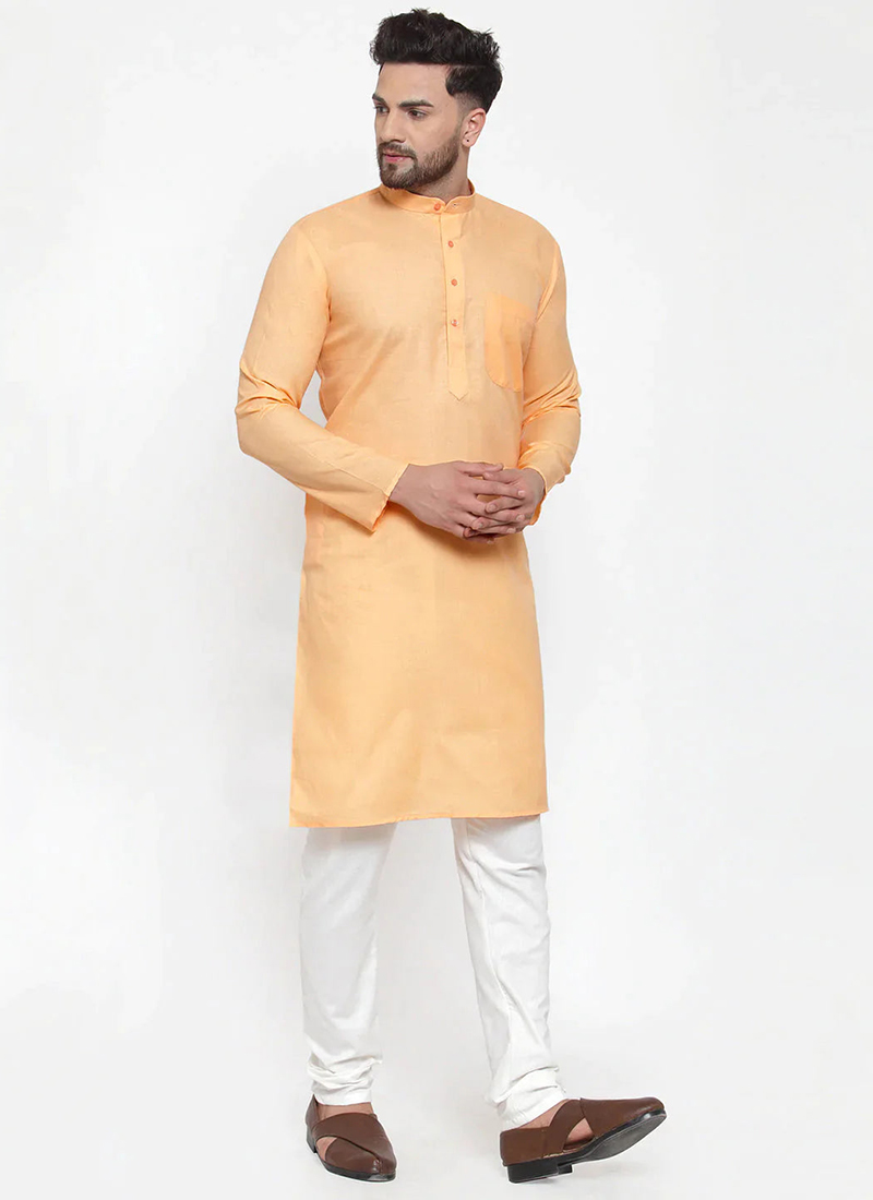 Peach Cotton Blend Kurta Pyjama Party Wear
