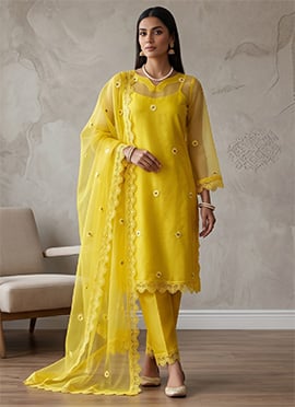 Embroidered Cut Work Organza Straight Pant Suit In Yellow