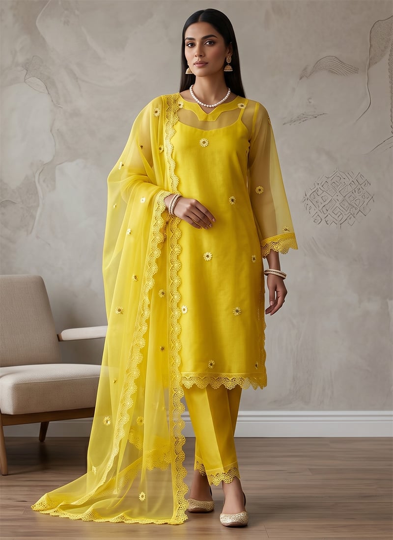 Embroidered Cut Work Organza Straight Pant Suit In Yellow Leisure Wear