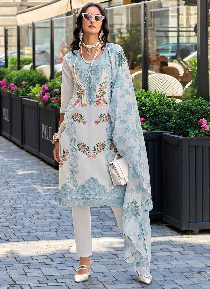 Embroidered Excellence White Cotton Digital Print Straight Pant Suit Festive Wear