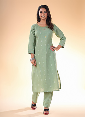Embroidered Green Cotton Kurta Salwar Set Classic Formal Wear For Women