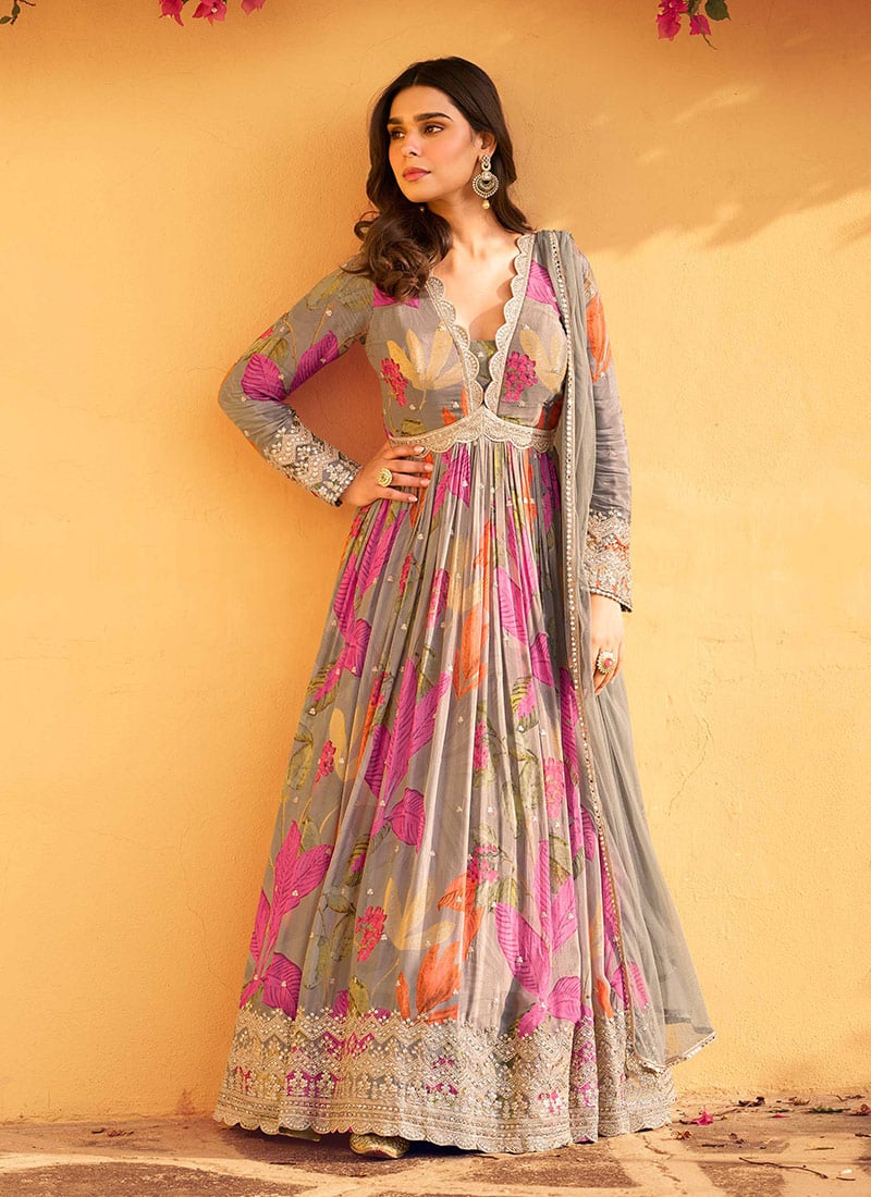 Embroidered Grey Chinon Silk Anarkali Suit With Beads Zardosi Work